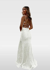 Elvira | Ivory and Orange Mermaid V Neck Prom Dress Royal Blue Sequin with Slit - Ivory - PromDressClub
